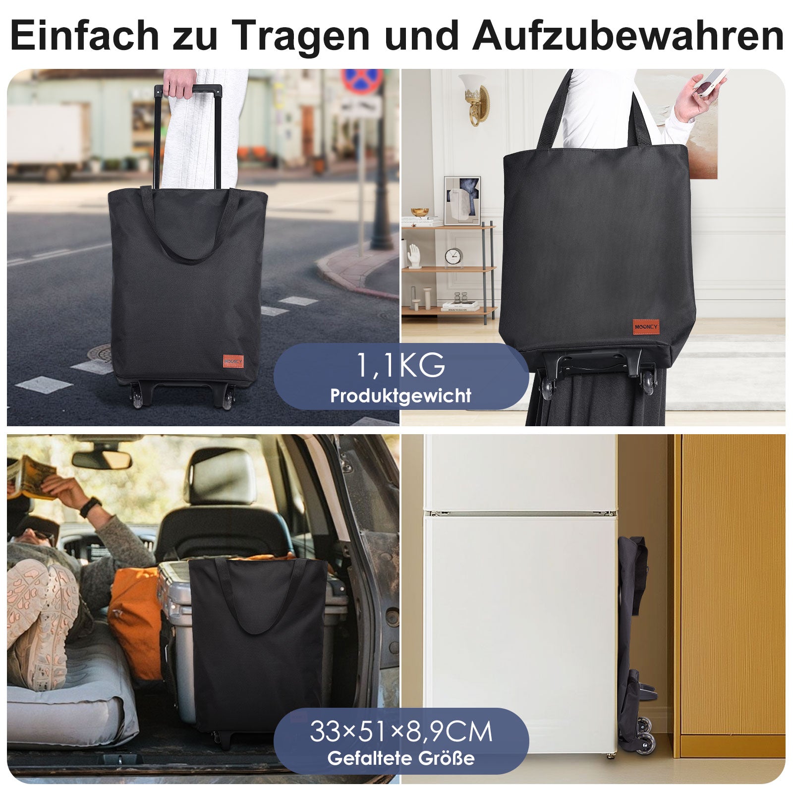MOONCY 2-in-1 Einkaufstrolley, 30L Große Einkaufstasche auf Rollen, Leichter Einkaufswagen Klappbar für Camping und Reisen, Inklusive Einkaufswagenlöser, Blau