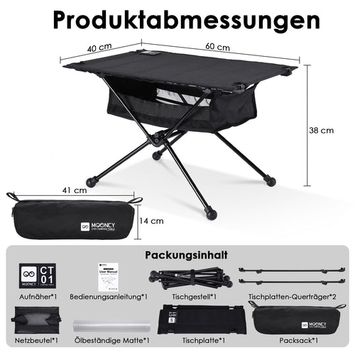 MOONCY Campingtisch Klappbar, Ultraleichter Klapptisch mit Ölbeständiger Matte und Netzbeutel, Tragbarer Picknicktisch bis 35 kg belastbar, ideal für Wandern, Angeln, Grillen und Strand